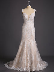 Vintage Spitze Meerjungfrau-Linie Brautkleid mit Schleppe Champagner