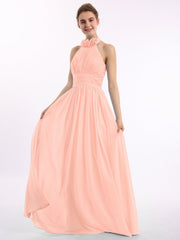 Halfter Chiffon Voller Länge Kleid  mit Blumen Koralle