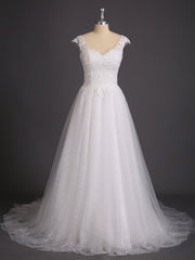 Spitze Brautkleid mit Schulterträger und Schleppe Weiß