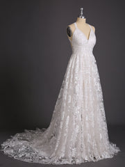 Spitze Brautkleid mit niedrigem Rücken und Schlitz Champagner