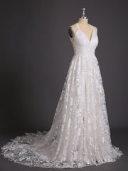 Spitze Brautkleid mit niedrigem Rücken und Schlitz Elfenbein