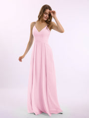 Spaghetti Träger V-Ausschnitt Chiffon Kleid mit Säckel Bonbonrosa