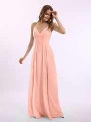 Spaghetti Träger V-Ausschnitt Chiffon Kleid mit Säckel Koralle