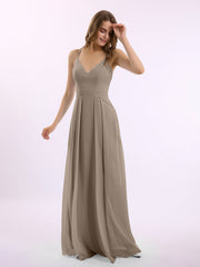 Spaghetti Träger V-Ausschnitt Chiffon Kleid mit Säckel Taupe