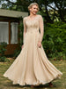 A-Linie V-Ausschnitt Spitzen Applikationen Bodenlang Kleid Champagner