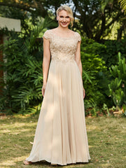 Scoop Rundhals Applikationen A-Linie Chiffon Kleid Champagner