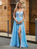 Mit Schlitzen verziertes Blumen Sweep Zugkleid Blau