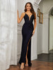 Tiefer V-Ausschnitt Applique Etui-Linie Kleid Dunkelmarine