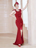 Flatterärmel Rüschen Etui Kleid mit Schlitz Rot