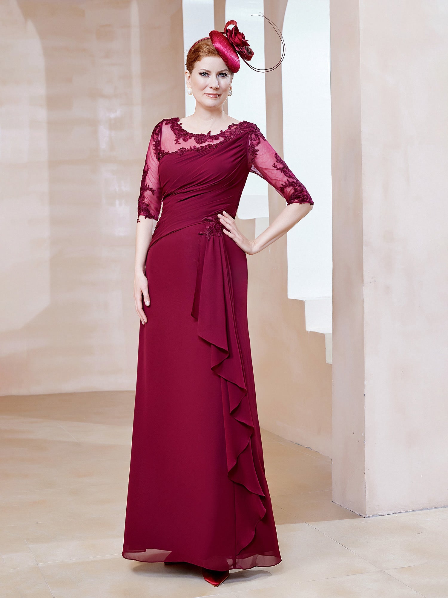 A-Linie Kleid mit V-Ausschnitt und Rüschen Burgunderrot
