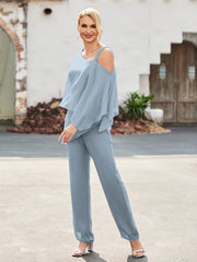 Flügelärmel Chiffon Hosenanzug mit Perlen Staubiges Blau