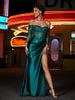 Hoher Schlitz Korsett Oberteil Stretch-Satin Kleid Dunkelgrün