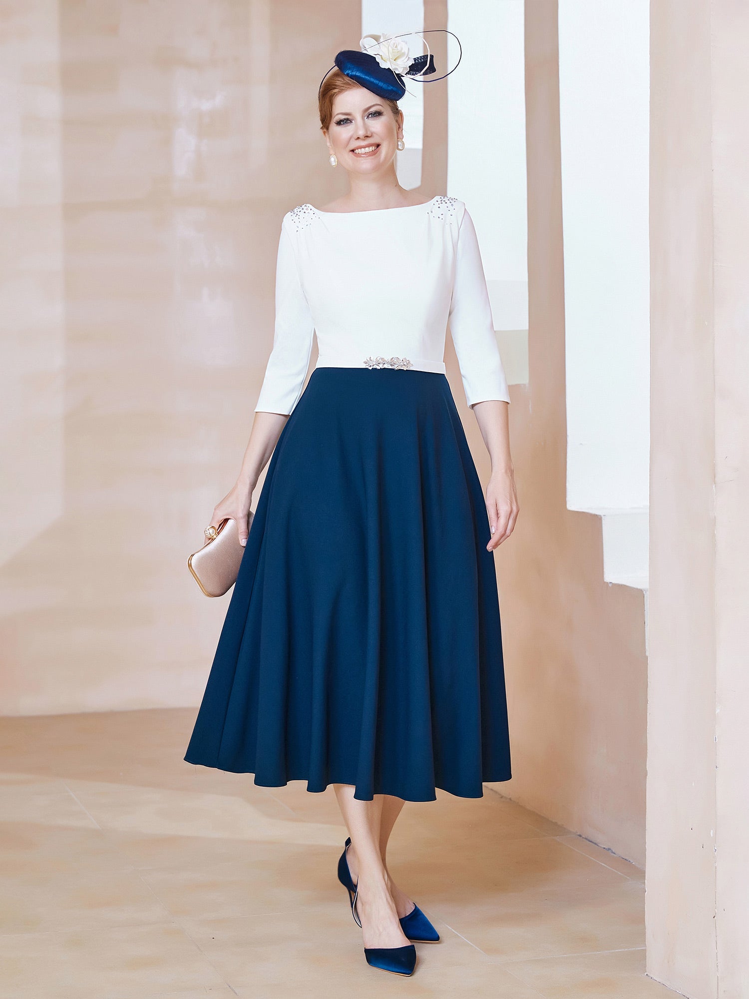 Stretch-Crepe Scoop Tee-Länge Kleid Marineblau