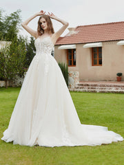 Spaghettiträger V-Ausschnitt Spitze Oberteil Applique Brautkleid Elfenbein/Champagner