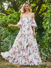 Blumendruck Flatterärmel A-Linie Chiffonkleid Floral