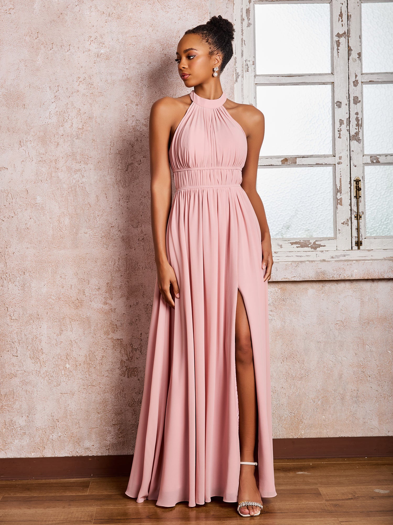 Rüschen Halshalter Chiffon Maxi Kleider mit Schlitz Staubige Rosa