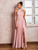 Rüschen Halshalter Chiffon Maxi Kleider mit Schlitz Staubige Rosa