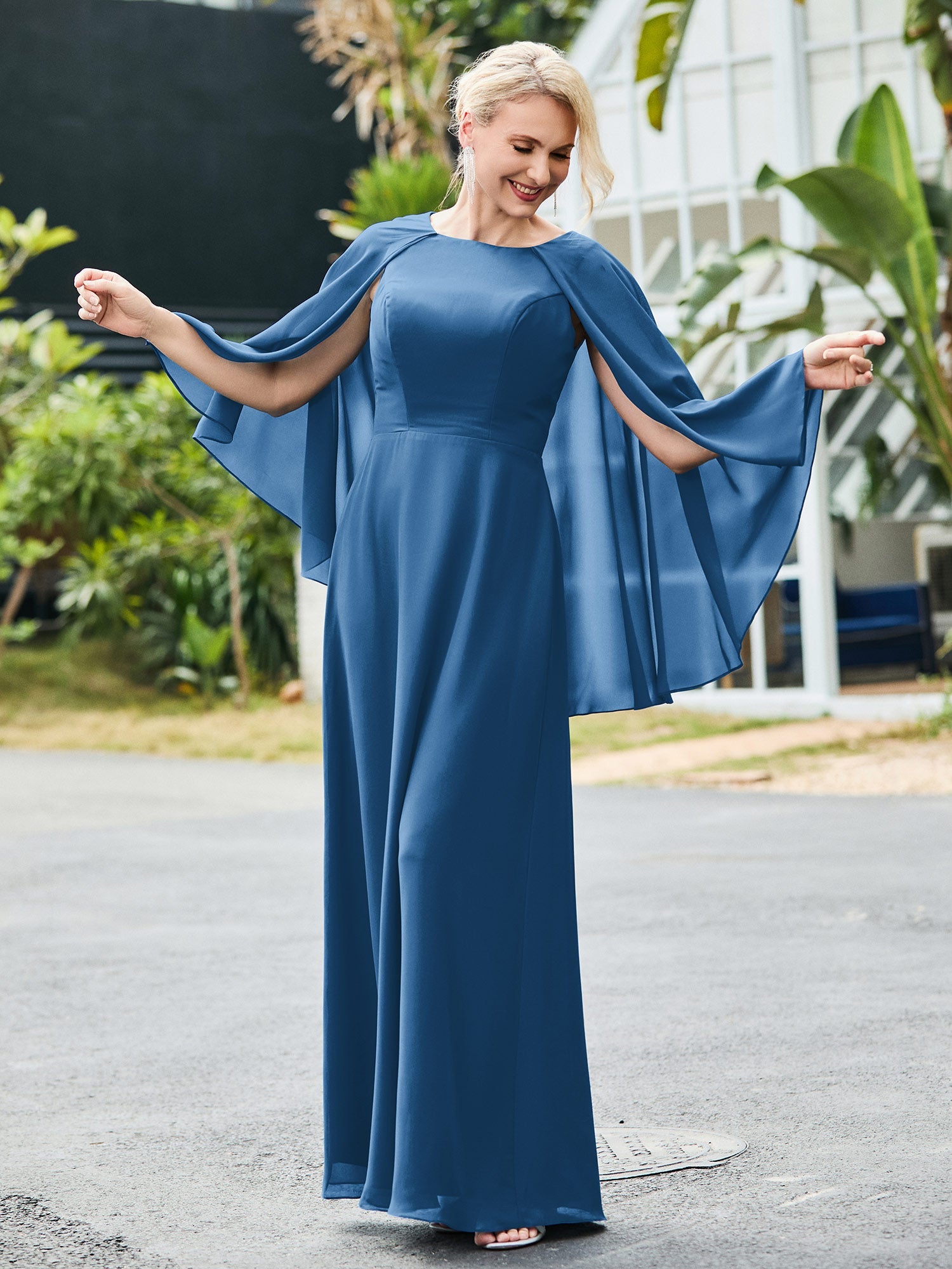 A-Linie Chiffon Kleid mit Schal Cape Tinte Blau