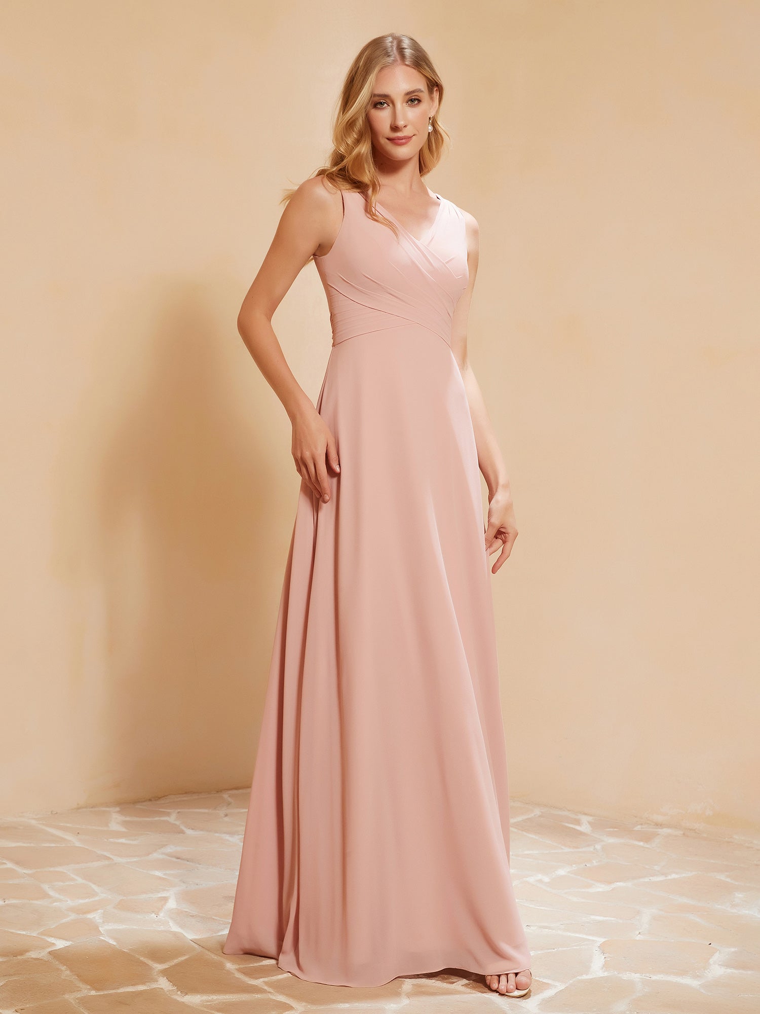 Plissee V-Ausschnitt Chiffon A-Linie Kleid mit Schleife Staubige Rosa