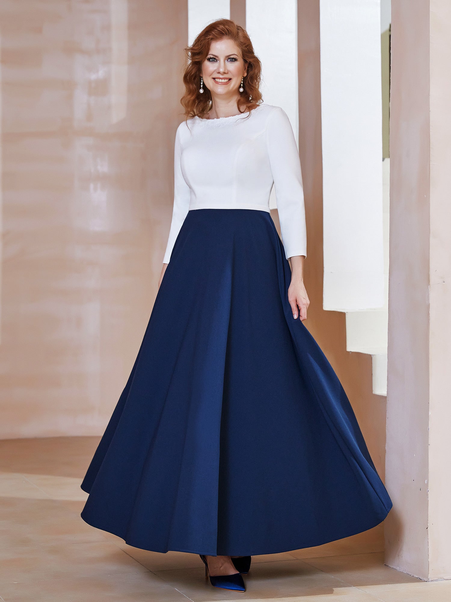 Elegant Scoop Tee-Länge Kleid Spitze Dunkelmarine