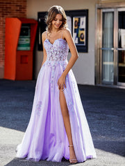 A-Linie Applique Oberteil Tüll Kleid mit Schlitz Lila