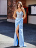 Hoher Schlitz Trägerlos Etui Satin Kleid Himmelblau