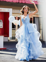Ärmellos V-Ausschnitt Tüll Ballkleid Himmelblau