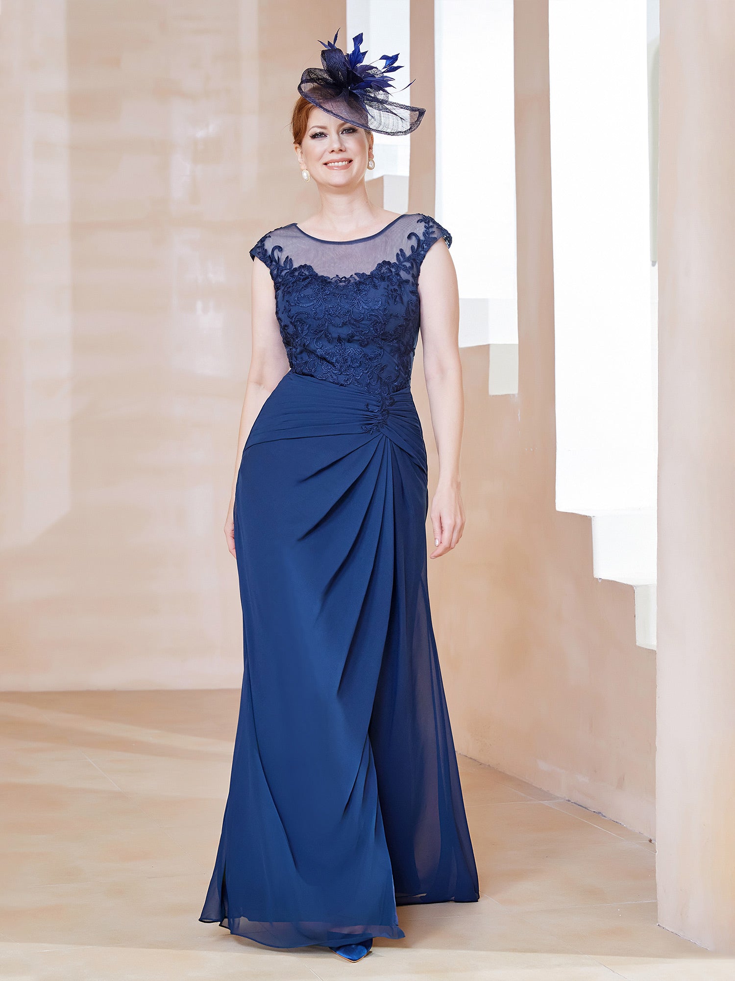Applique Ärmellos A-Linie Kleid mit Schlitz Marineblau