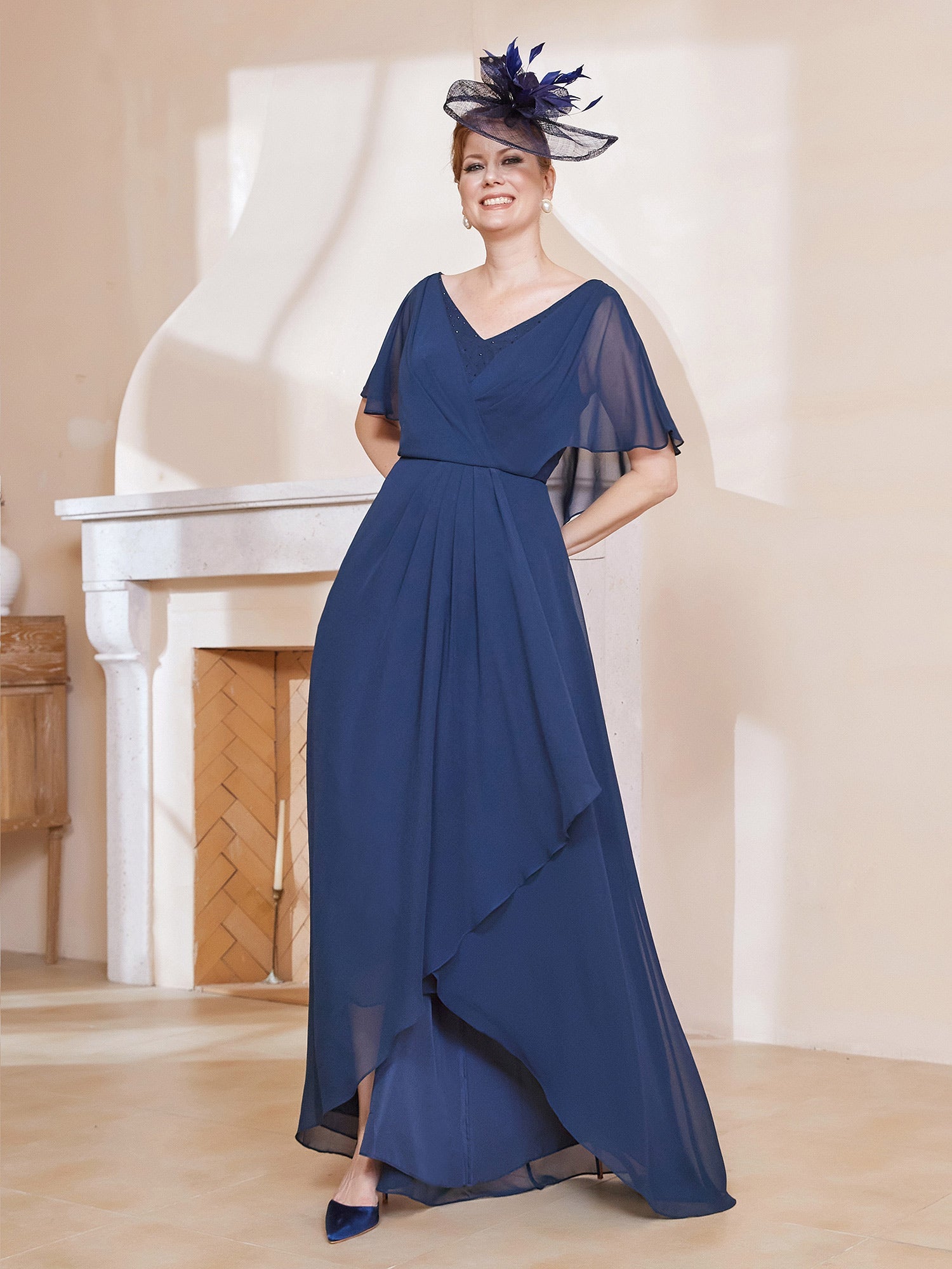 V-Ausschnitt Flatterärmel Rüschen Asymmetrisch Kleid Dunkelmarine
