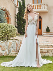 Chiffon Spitze A-Linie Brautkleid mit Knöpfen Champagner