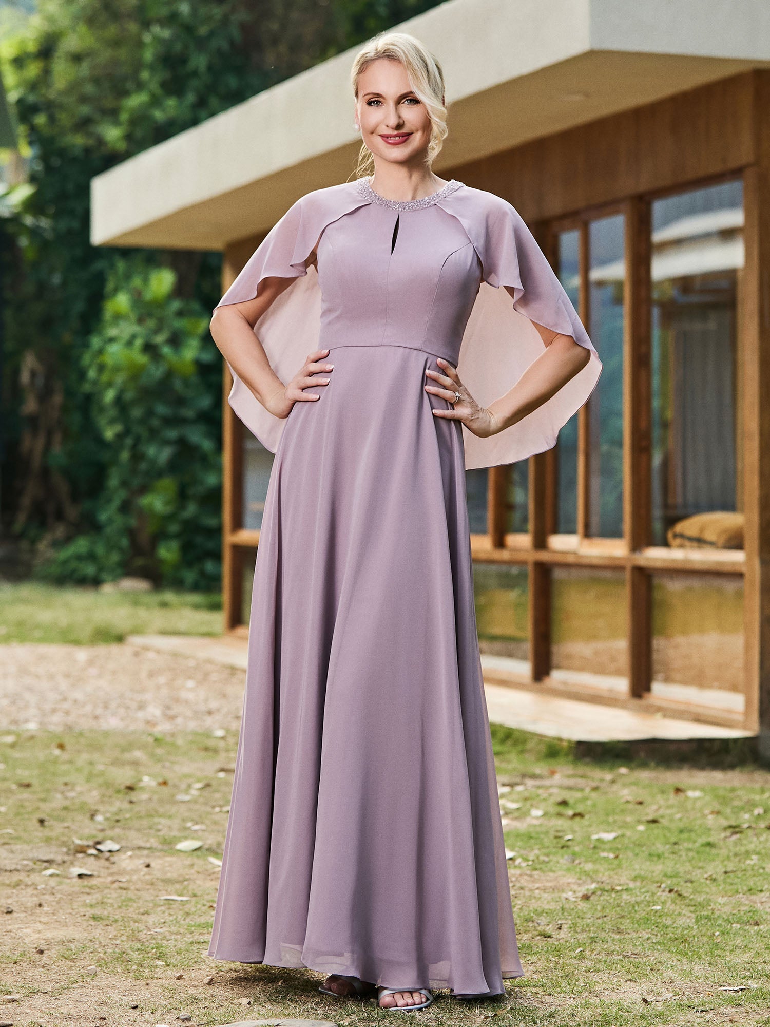 A-Linie Chiffon Kleid mit diamantverziertem Schal am Hals Dämmerung