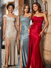 Hoher Schlitz Plissee Satin Kleid Burgunderrot