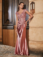 Perlen Korsett Oberteil Meerjungfrau Satin Kleid Staubige Rosa