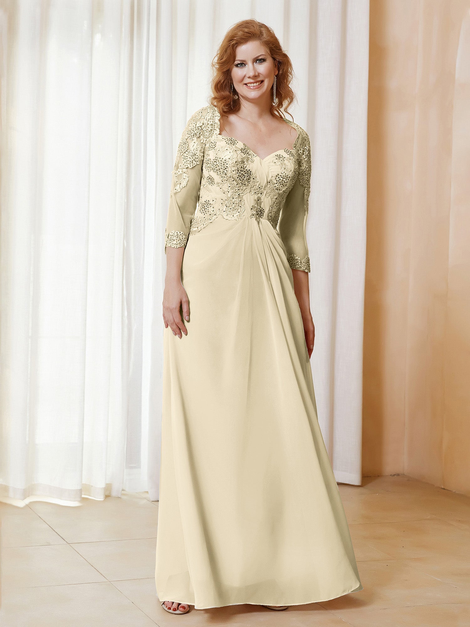 Modern Chiffon Applique Kleid mit offenem Rücken Champagner