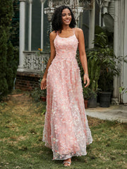 Spaghettiträger Spitze Oberteil Blumen Applique Abschlussball Kleid Koralle