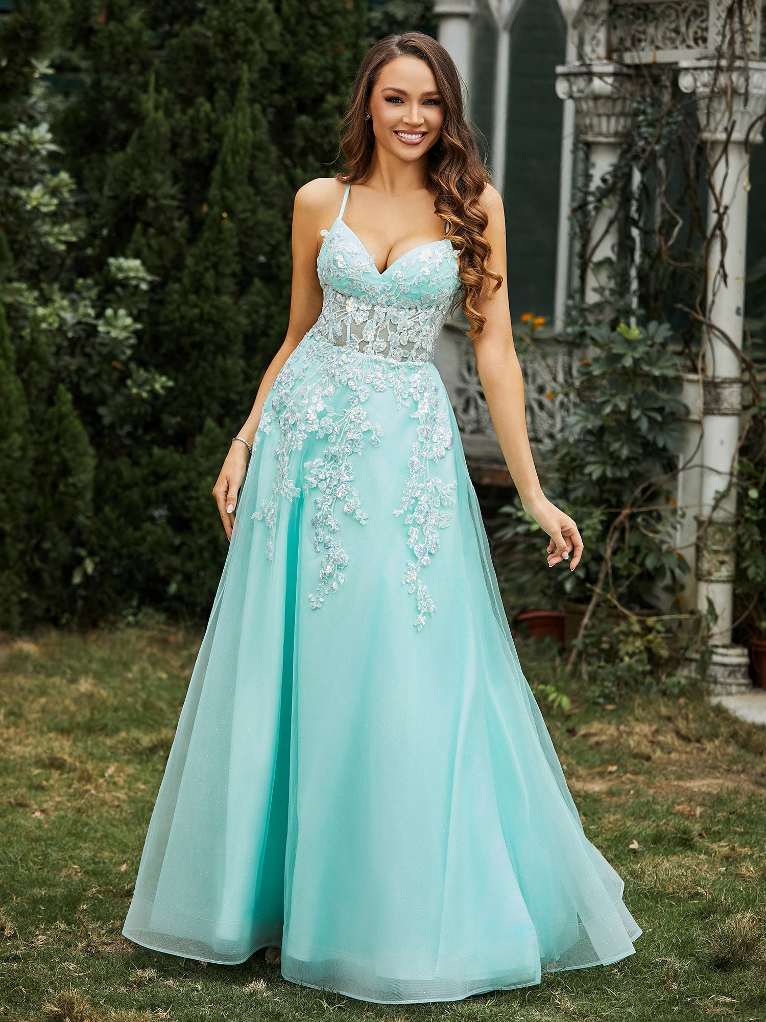 Herzform Applique Oberteil Sweep-Zug Kleid Minzgrün