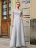 V-Ausschnitt Kurzarm Spitze Plissee Lang Empire Kleid Silber
