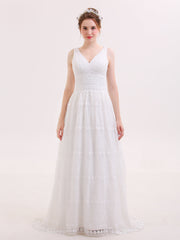 V-Ausschnitt Vitange Spitze Boho Brautkleid Elfenbein