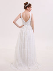 V-Ausschnitt Vitange Spitze Boho Brautkleid Champagner