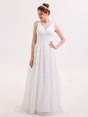 V-Ausschnitt Vitange Spitze Boho Brautkleid Elfenbein