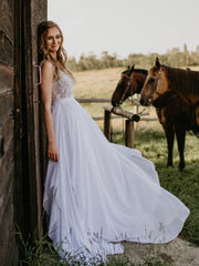 V-Ausschnitt Chiffon Brautkleid mit Perlen Weiß